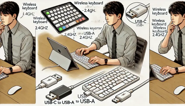 無線キーボードを使用しているが、実際にはUSBレシーバーとUSB-C→USB-A変換を使ってiPadに接続されている日本人ユーザーのイラスト。配線の多さに少し困惑した様子で、実質USB接続であることを視覚的に示している。