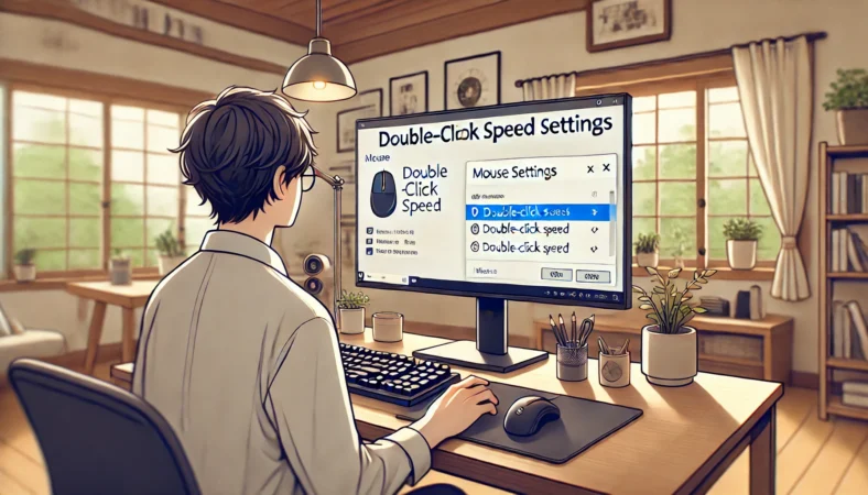 日本人の人物がWindows 11の設定画面でマウスのダブルクリック速度を調整している様子を描いたイラスト。自然光が差し込む整ったホームオフィスで、木製のデスクと快適な作業環境が表現されている。