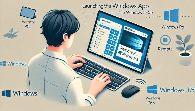 iPad上でWindows Appを使い、Remote PCやWindows 365に接続してリモート作業する日本人ユーザーのイラスト。安定した接続とワイヤレスキーボード・マウスで快適に操作できる近代的なデスク環境が描かれている。