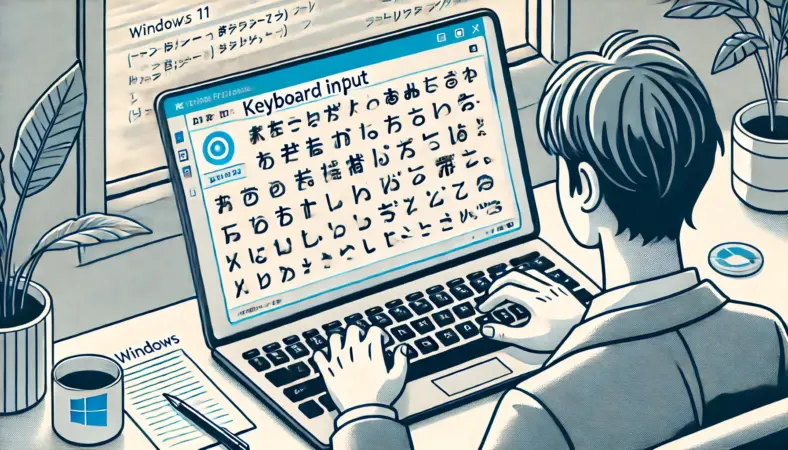 日本人ユーザーがWindows10のメモ帳でキーボードの入力確認を行い、英数字や記号を慎重にタイピングして動作を確認している様子のイラスト。整った作業環境で、落ち着いて検証している姿が描かれている。