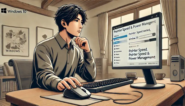 日本人男性がWindows10のPCでマウスのポインター速度や省電力設定を調整している様子。デスクには有線マウスがPC本体に直挿しされており、男性は真剣な表情で画面を見つめている。ホームオフィスの落ち着いた環境で、マウスの不調に対するトラブルシューティング中の一場面。