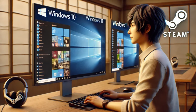 Windows10とWindows11の違いをデュアルモニターで比較し、Steamゲームの動作や設定を確認する日本人ユーザーのイメージ