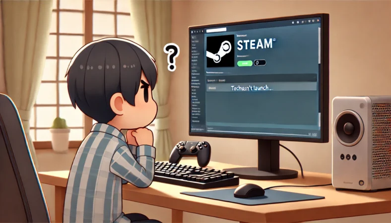 Windows11上でSteamゲームの起動トラブルに直面している日本人ユーザーの姿を表現したイメージ