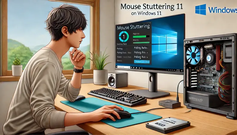 日本人男性がWindows11のPCでマウスの引っかかり現象を対策中。マウスパッドの上にワイヤレスマウスを使用し、USBレシーバーをPC前面のポートに接続している。画面にはポーリングレートやリフレッシュレートなどの設定が表示され、男性は真剣な様子で確認作業をしている。整ったホームオフィス環境でのトラブルシューティングの一場面。