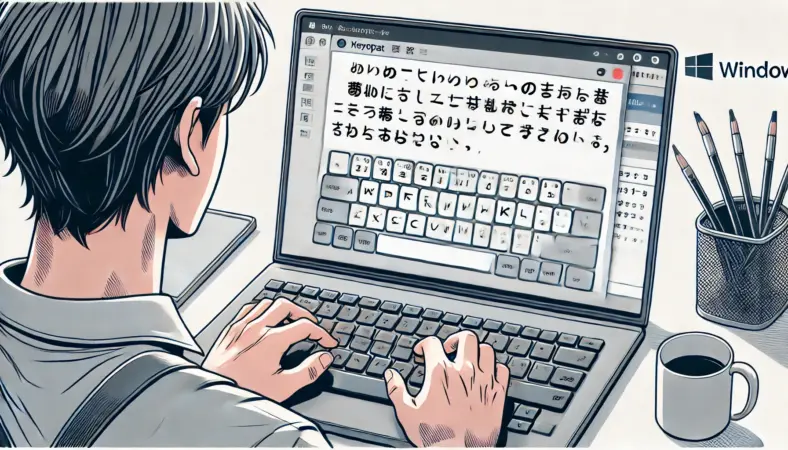 日本人ユーザーがWindows10のメモ帳でキーボードの入力確認を行い、英数字や記号を慎重にタイピングして動作を確認している様子のイラスト。整った作業環境で、落ち着いて検証している姿が描かれている。