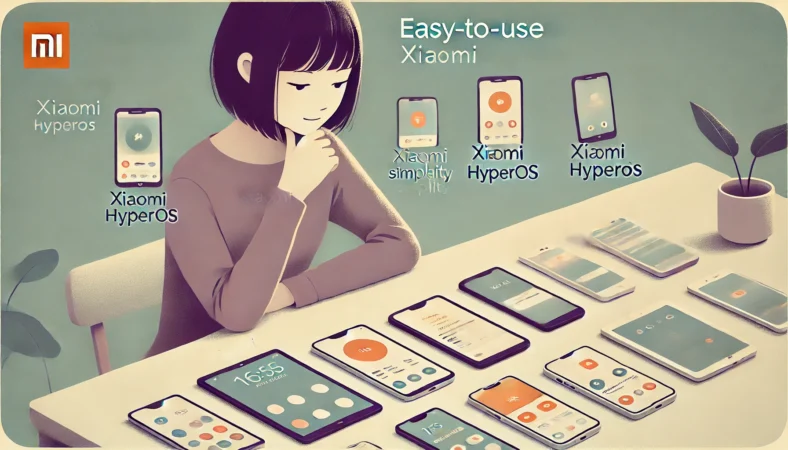 Xiaomi HyperOSが使いにくいと感じる日本人ユーザーが、複数のスマートフォンやタブレットを比較検討しているイラスト。テーブル上に整然と並べられたデバイスを見ながら、UIや通知の使いやすさを考慮して選んでいる様子が描かれている。