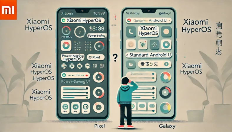 Xiaomi HyperOSと他社Android UI（PixelやGalaxy）を比較し、複雑な設定画面に戸惑う日本人ユーザーのイラスト。左にHyperOS、右に標準Androidの画面が描かれており、操作の違いが視覚的に表現されている。