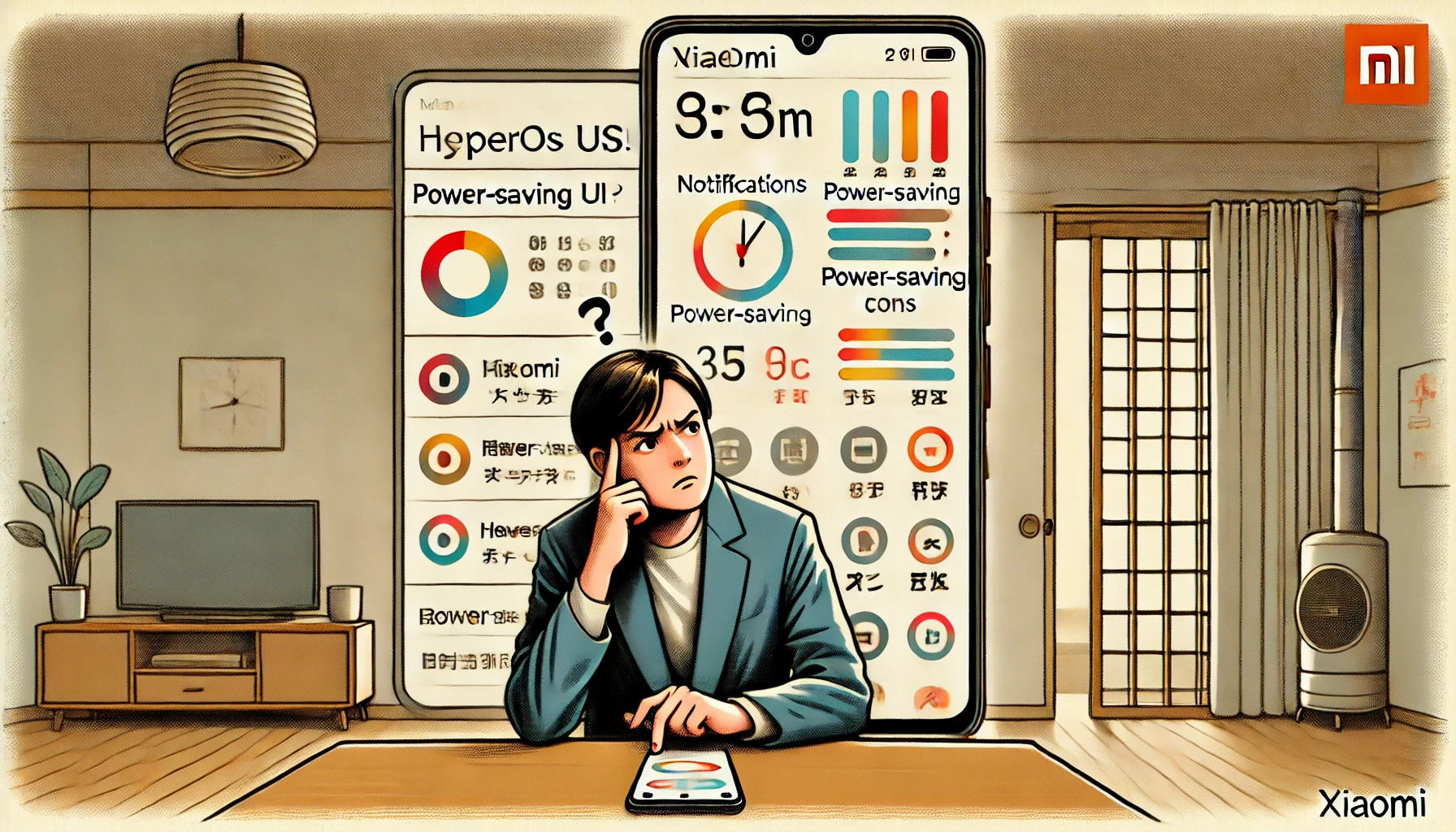 Xiaomiのスマートフォンを手にし、使いにくいUI設定画面に困惑する日本人ユーザーのイラスト。背景は日本の家庭的な部屋で、通知や省電力設定に悩む様子が強調されている。