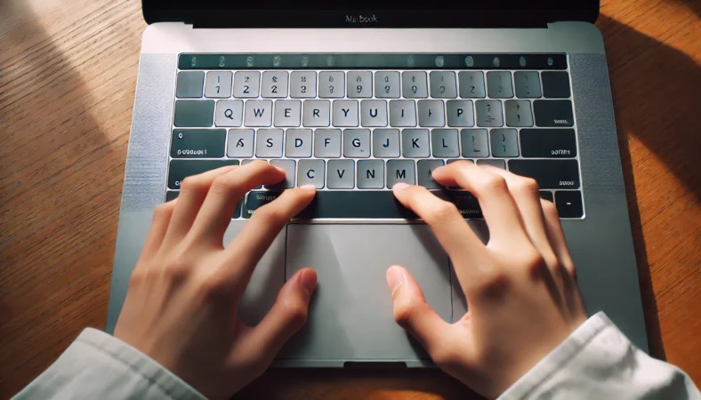 MacBookキーボード上のCaps Lockキーと、そのすぐ下に位置する左Shiftキーを指している日本人の手元のアップ画像。Shiftキーの見つけ方の目印としてCaps Lockが強調されている。