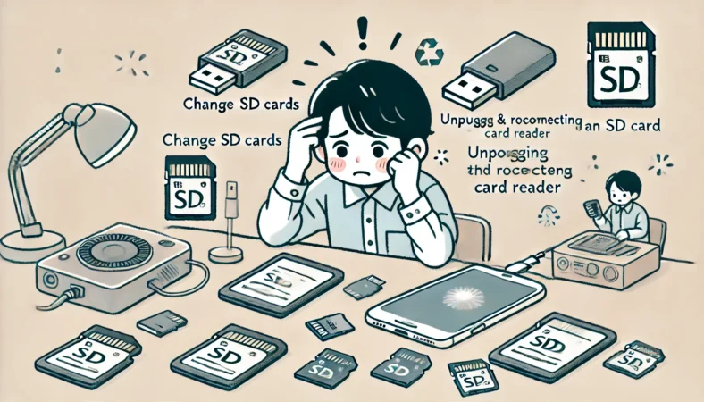 日本人の人物がiOS18にアップデートされたiPhoneを使って、写真アプリの表示が変わったことに戸惑っている様子。明るい室内で慎重に操作している場面のイラスト。