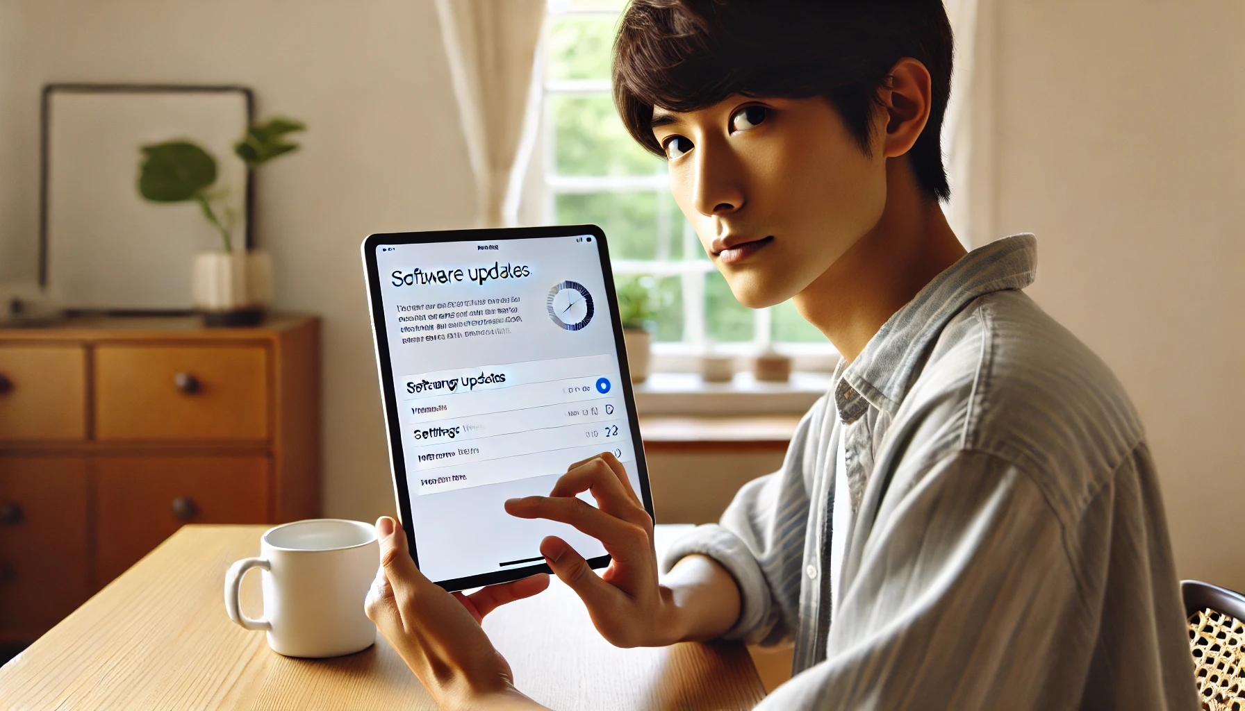 iPadOS 26のアップデート確認画面を見つめる日本人ユーザーが、アップデートの内容や不具合の有無に不安を感じている様子。明るく整った部屋で、木製デスクにiPad Proを置いて操作中。