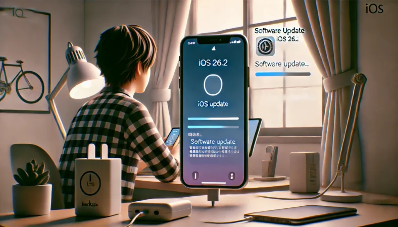 日本人ユーザーが自宅でiPhoneを充電・Wi-Fi接続しながら、iOS26.2のアップデートを実施している様子。デスク上にはバックアップ用の機器もあり、安全な更新手順を踏んでいる場面。