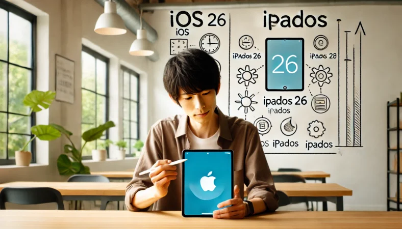 iPadを操作しながら、iOSとiPadOSの違いを理解しようとしている日本人ユーザーが、比較チャートを見つめて学習している様子。教育的な雰囲気の室内で、ホワイトボードには技術的な図解が描かれている。