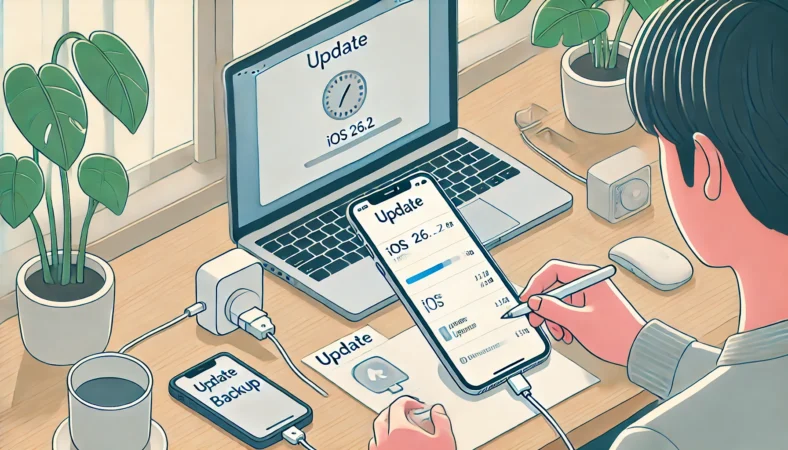 日本人ユーザーが自宅でiPhoneを充電・Wi-Fi接続しながら、iOS26.2のアップデートを安全に進めている様子。チェックリストとバックアップ用の機器も整っており、安定した環境での更新準備が行われている場面。