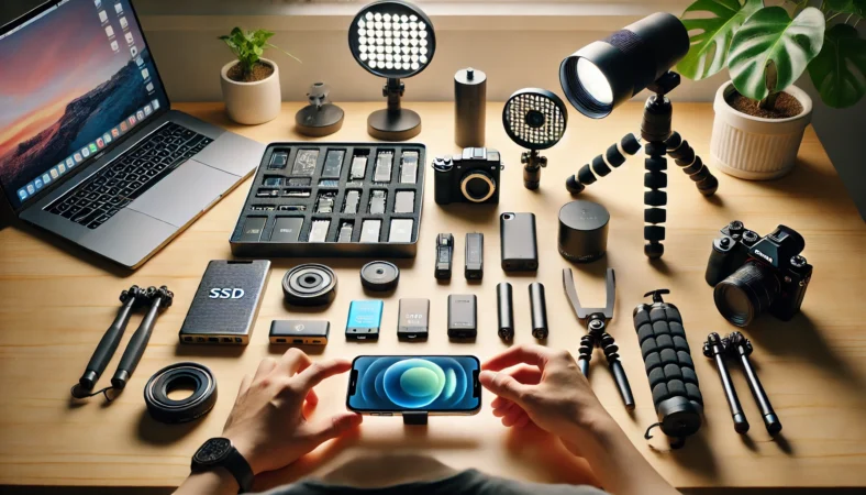 iPhoneカメラ撮影のための周辺機器を整理している日本人ユーザーと、ポータブルSSDや三脚、ライトなどが並ぶ整然とした作業スペース