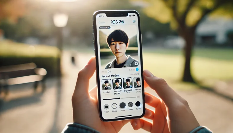 iOS26カメラUIを操作する日本人ユーザーが、屋外でポートレートモードにスワイプして切り替えている様子