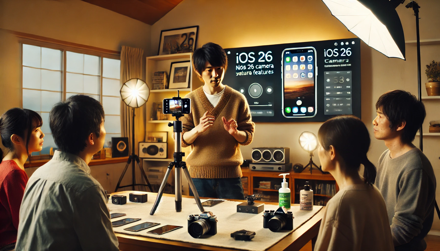 iOS26のカメラ機能を説明する日本人の技術者と、カメラアクセサリを使ったホームスタジオでの実演風景