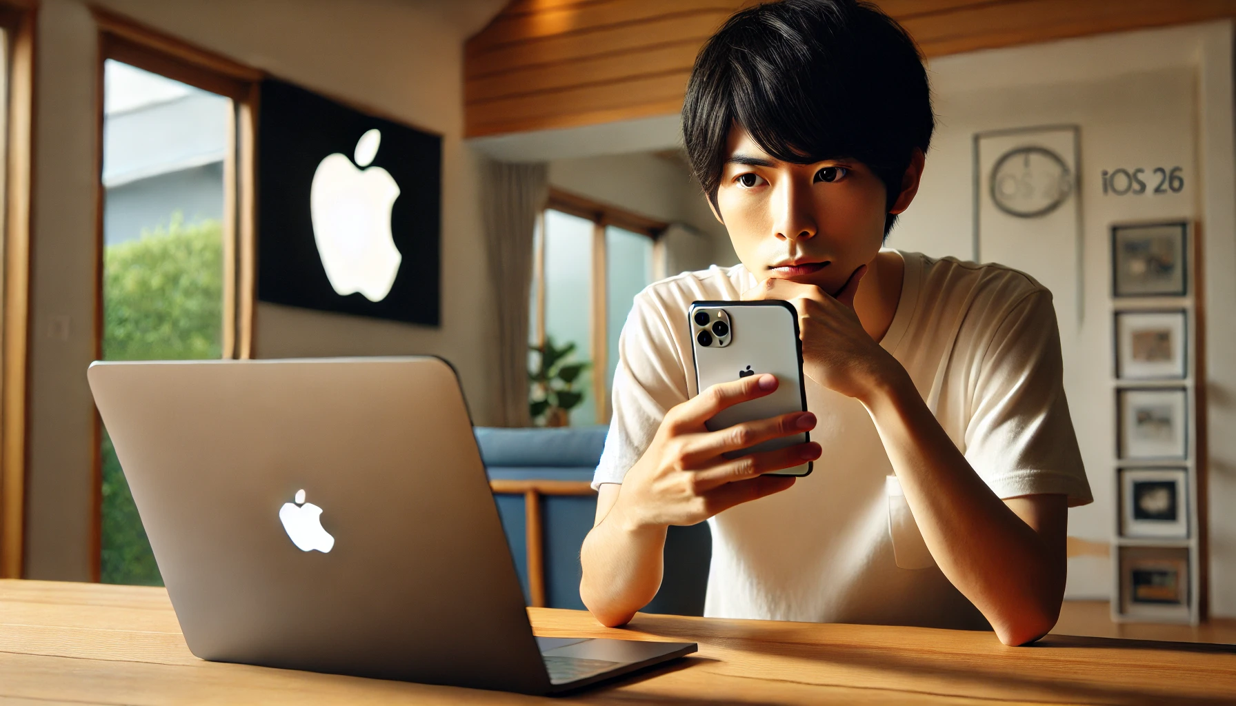 iPhoneを手に悩んでいる日本人が、自宅のデスクでiOS26アップデートをするか考えている様子。Appleのロゴが入ったノートパソコンも机に置かれている。現代的な日本の家庭内で、穏やかな室内光が雰囲気を演出している。