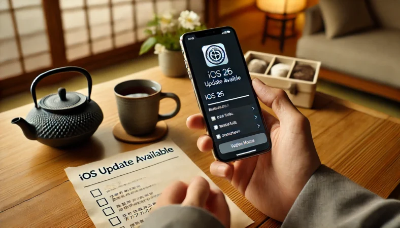 木製のテーブルに置かれたiPhoneの画面に、iOS26アップデート通知のアイコンが表示されている様子。隣にはお茶とチェックリストが置かれ、和やかな日本の室内でユーザーが判断しようとしている場面を表現している。