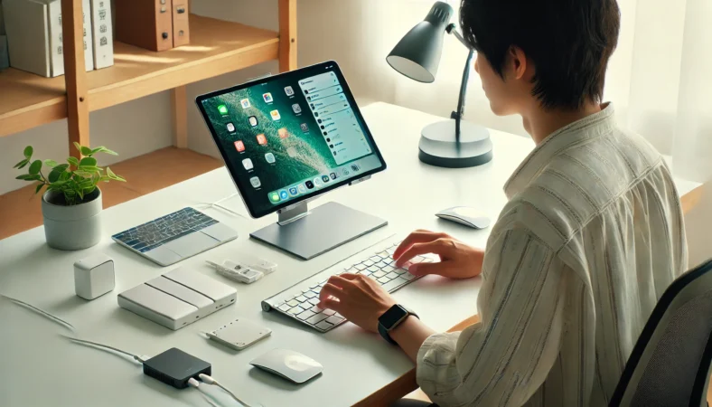 iPadをトラックパッド付きキーボードとスタンドに設置し、BluetoothマウスやUSB-Cハブ、外付けSSDを活用して快適な作業環境を整えた日本人ユーザーが、明るい室内で効率的に作業している様子。