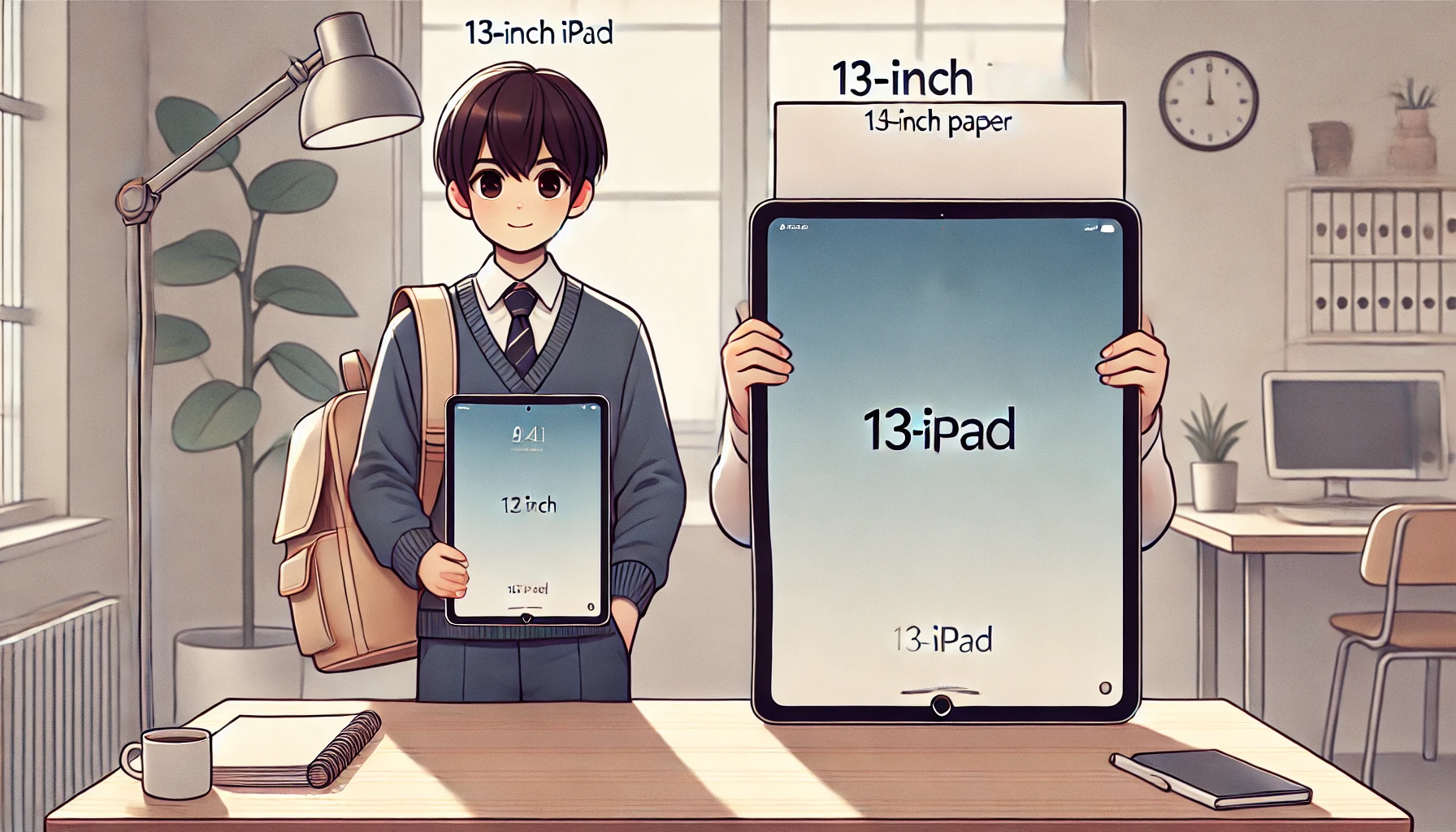 日本人の学生またはビジネスパーソンが、A4用紙と13インチiPadを机の上で比較しながら、iPadをバッグに入れようとしている様子を描いたイラスト。iPadがA4より横幅が広く縦が短いことが視覚的にわかる構図。