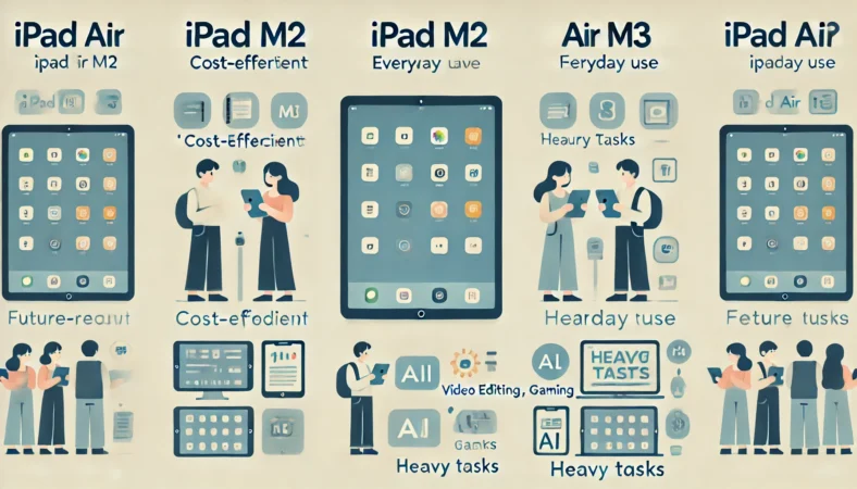 iPad Air M2とM3の使用シーンを比較したイラスト。M2を使う学生とM3を使うクリエイターが並んでおり、日常利用と重い作業での用途の違いが視覚的に分かる構成。