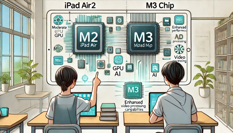 iPad Air M2とM3のチップ構造を透過表示で比較するイラスト。M3チップにはGPUやAI性能の強化が視覚的に示されており、日本人学生がそれを指さしている様子。