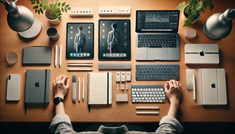 日本人学生がシンプルなセットでiPad Air M2を使用し、隣で日本人クリエイターがキーボードやSSDなどの周辺機器を活用してiPad Air M3を操作するデスク環境の比較シーン。