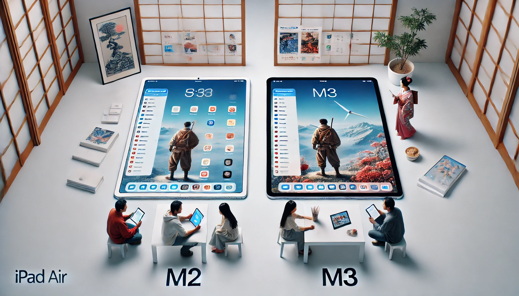 iPad Air M2とM3を並べて比較する様子。M2はノートやブラウザを表示し、M3は動画編集や3Dゲームを表示している。和風のミニマリストな部屋で日本人ユーザーが使用しており、性能用途の違いが視覚的に示されている。