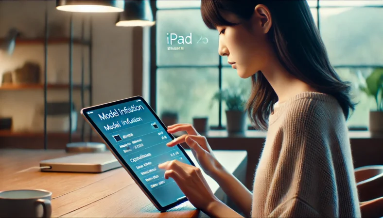 自分のiPadがiPadOS 26に対応しているかを確認する日本人ユーザーが、設定画面でモデル情報やチップの種類を見て慎重に判断している様子。静かな室内で落ち着いた雰囲気。