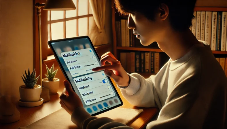 日本人ユーザーがiPadOS 26のマルチタスク設定を操作し、フルスクリーン表示とウインドウ表示の切り替えを試している様子。落ち着いた室内で新機能を試す姿が描かれている。