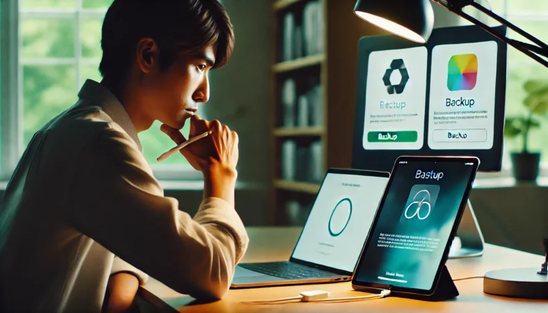 USB-Cケーブルでノートパソコンに接続されたiPadを見つめながら、OSを戻すかどうか慎重に考える日本人ユーザーが、静かで整った室内のデスクに座っている様子。