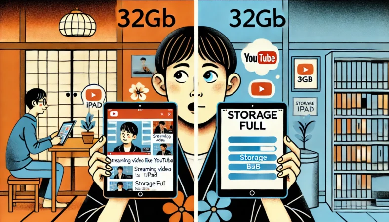 32GBのiPadを持った日本人が、ストリーミング再生で快適に使う様子と、容量不足で困っている様子を対比的に描いたイラスト。背景が左右で分かれ、使い方による容量の違いを視覚的に示している。