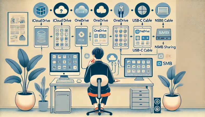 日本人のユーザーが、iPadとWindows PCの間でのファイル共有方法（iCloud Drive、OneDrive、USB-Cケーブル、NAS）を比較しながら検討している様子のイラスト。現代的なデスクで、各手段が視覚的に整理されている。