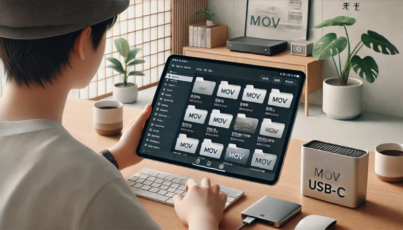 iPadに外付けSSDとUSB-Cハブを接続し、MOV動画ファイルの整理と変換作業をしている日本人のイラスト。明るく整った和モダンな室内で、実用的かつ効率的なファイル管理が行われている。