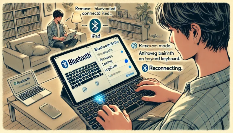 日本人ユーザーが自宅でiPadを使い、Logicoolキーボードの登録解除と再接続を行っている様子。Bluetooth設定を開き、LEDが点滅するキーボードを再登録する流れが丁寧に描かれている。整った室内と落ち着いた作業環境が特徴。