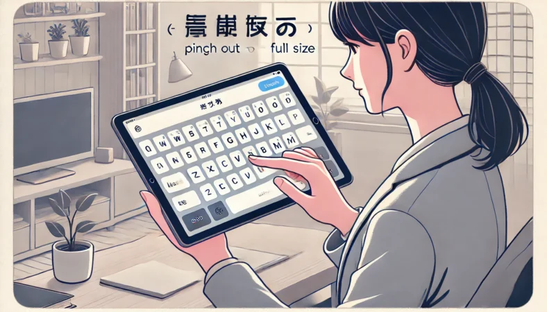 iPad上に浮いて表示された小さなキーボードを、2本指でピンチアウトして通常サイズに戻そうとしている日本人女性のイラスト。整った屋内作業スペースが背景。
