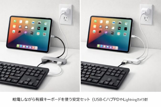 iPadで給電しながら有線キーボードを使う安定セット（USB-CハブPDやLightningカメラアダプタ給電）のイメージ