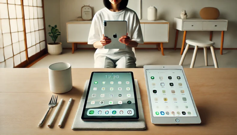 日本人ユーザーが自宅でiPadとAndroidタブレットを比較しながら使い分けている様子。ミニマルで清潔感のあるワークスペースで、それぞれの特徴を理解しながら活用している場面。
