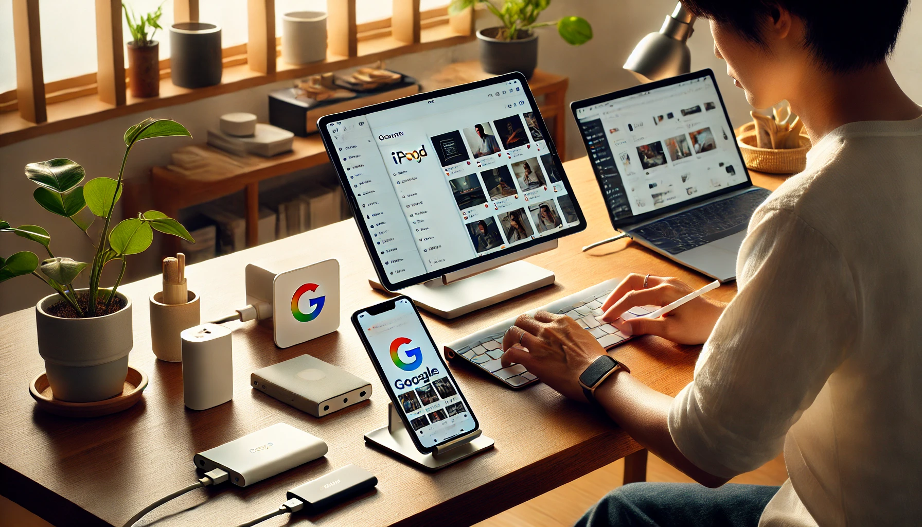 iPadとAndroidスマホを同時に使い、USB-Cハブと外付けSSDを活用する日本人の自宅ワークスペースの様子。Googleフォトやクラウドサービス中心の効率的な併用運用を表現。