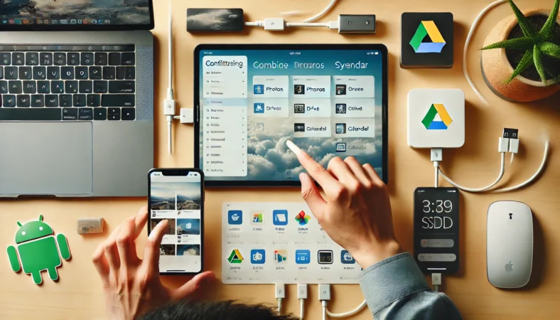 日本人ユーザーがiPadとAndroidスマホを連携させながら、Googleフォトやカレンダー、ドライブを同期設定している様子。USB-Cハブと外部SSDも活用し、クラウドとローカルの併用戦略を実現しているデスク環境。