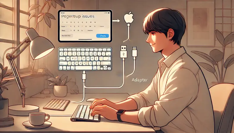 有線キーボードを接続したiPadを使って、落ち着いた雰囲気で作業に集中する日本人ユーザーのイラスト。設定や接続の不安が解消され、安定した環境で作業を進めている様子が描かれている。