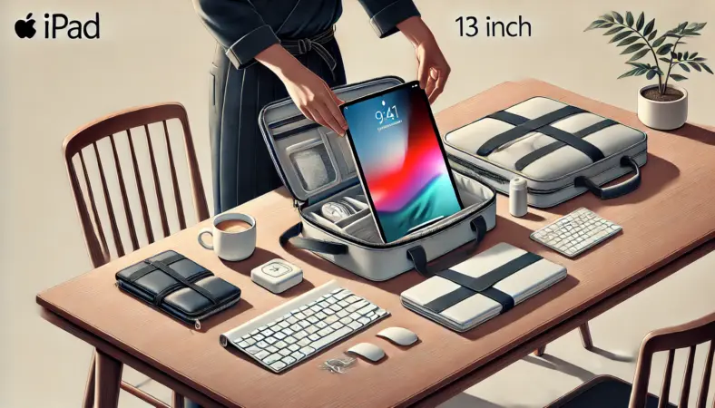 日本人が13インチiPadとスリーブ、キーボード、充電器を丁寧にバッグへ収納している様子を描いたイラスト。iPadの大きさと薄さ、持ち運び時の工夫が伝わる構図。