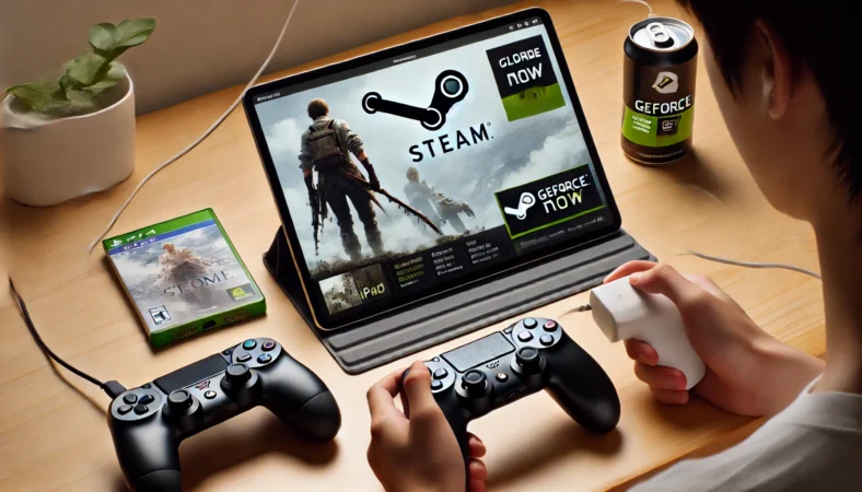 iPadでSteamゲームを遊ぶためにGeForce NOWを使う日本人ユーザー。iPadに接続されたコントローラーとミニマルな作業環境が特徴的で、PCは存在しない。
