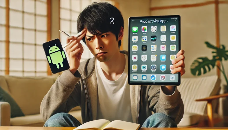 日本人ユーザーがiPadでAndroidのような使い方を試そうとして戸惑い、代替アプリや操作法で目的の作業を再現しようとしている様子。落ち着いた室内環境での検討シーン。