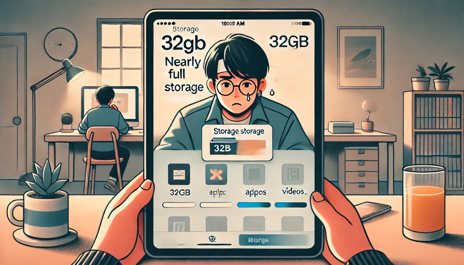32GBのiPadで容量不足に直面している日本人男性が、ストレージ整理のためにアプリや動画を削除している様子。机に座り、iPadの画面にはほぼ満杯のストレージバーと警告アイコンが表示され、表情はやや困惑気味。背景は落ち着いた室内で、日常の使用環境をリアルに描写。