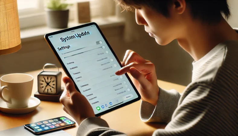 日本人ユーザーがデスクでiPadの設定画面を確認しながら、iPadOSのアップデートを検討している様子。iPadの隣にはiPhoneなど他の端末もあり、落ち着いた日本の家庭内で判断している場面。