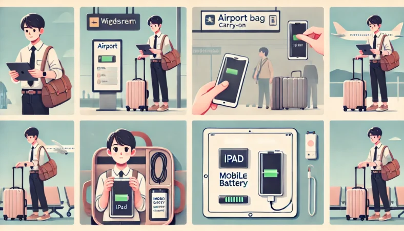 空港でiPadとモバイルバッテリー、充電器をキャリーバッグに整理して入れる日本人旅行者のイラスト。別シーンでiPadの電源をオフにし、スリーブケースに収納する様子も描かれ、安心安全な準備の流れが伝わる構成。