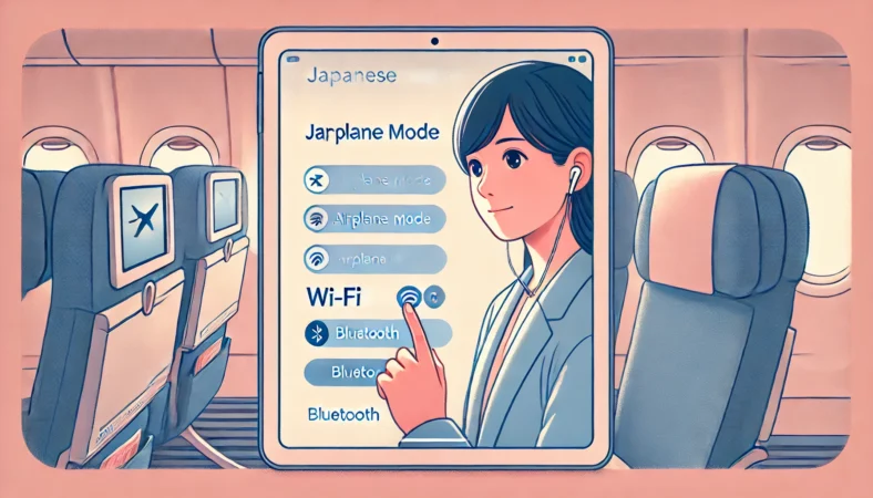 飛行機の離陸前にiPadの設定を調整する日本人乗客のイラスト。機内モードの切り替えとWi-Fi・Bluetoothの設定が描かれた画面と、穏やかな表情の人物が特徴的な飛行機内のシーン。