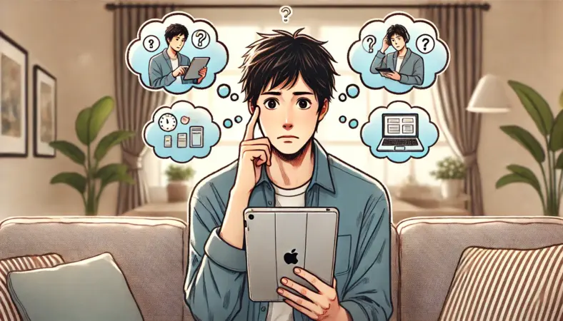 ソファに座りながらiPadを持ち、使い道に悩んでいる表情の日本人男性のイラスト。周囲に浮かぶ吹き出しには動画視聴、勉強、仕事などの選択肢が描かれており、使い方に迷っている様子を表現している。